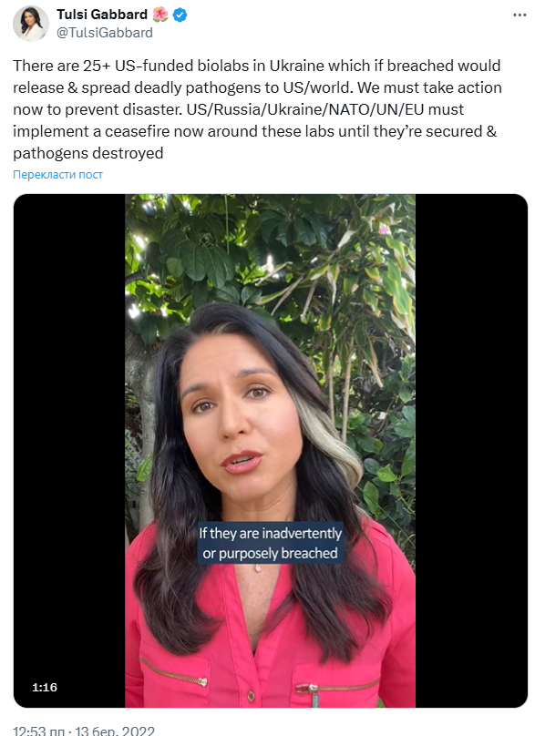 Нацрозвідку США може очолити Тулсі Габбард, яка розповідала про "біолабораторії" в Україні